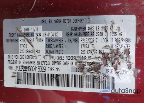 2012 Mazda Cx-7 I Sport from USA, damaged, VIN JM3ER2BM6C0416329